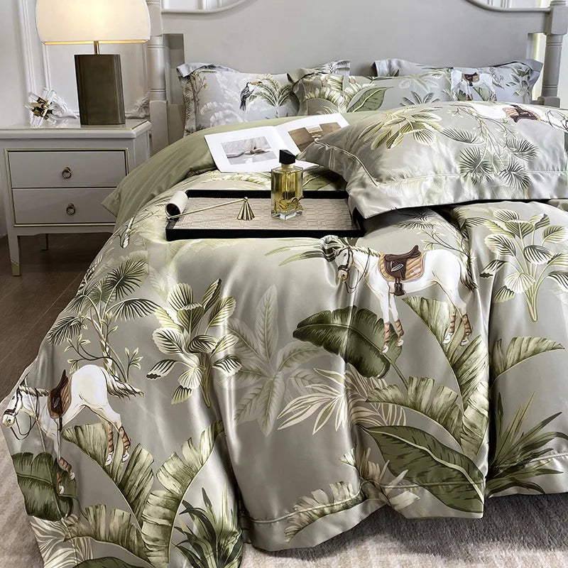 Afralia™ Ice Silk Plant Printed Bedding Set - Fashionable & Cool Comforter for Naked Sleep