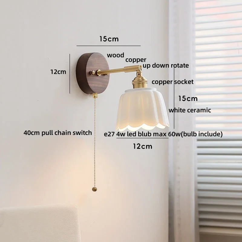 Afralia™ White Flower Ceramic LED Wall Sconce with Wood Base and Copper Rotate