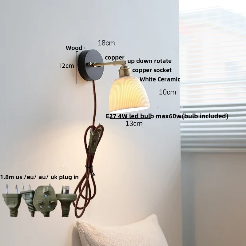 Afralia™ Copper LED Wall Lights Pull Chain Switch Modern Bedside Lamp Wood White Ceramic