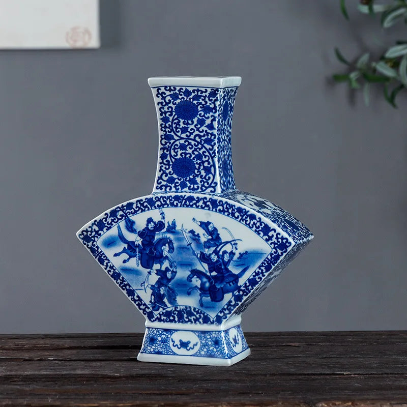 Afralia™ Blue White Porcelain Flower Bird Two Ear Vase Antique Ornaments Jingdezhen