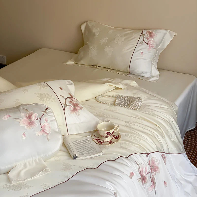 Afralia™ Chinese Floral Embroidery Lyocell Cotton Bedding Set with Silky Softness