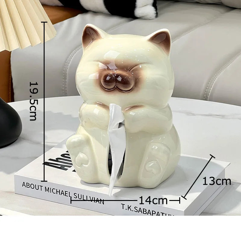 Afralia™ Siamese Kitten Tissue Box: Cute Ceramic Cat Decor for Coffee Table & Desk