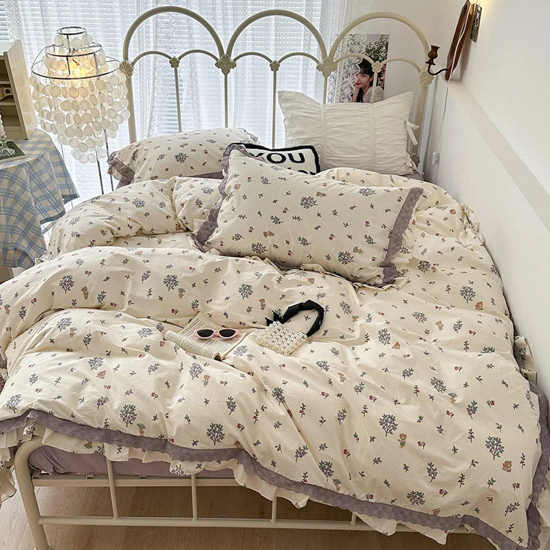 Afralia™ French Floral Print Double Layer Lace Ruffles Bedding Set