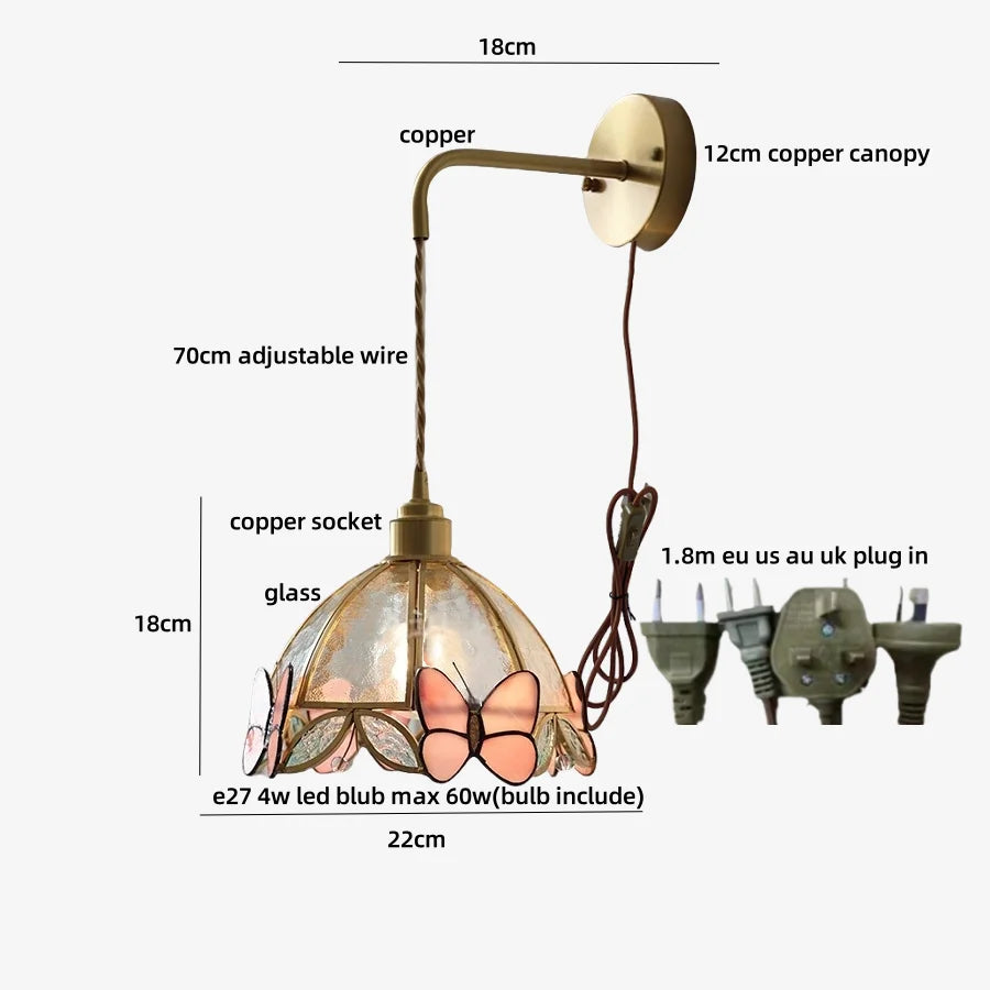 Afralia Tiffany Butterfly Glass Wall Lamp with Adjustable LED Light
