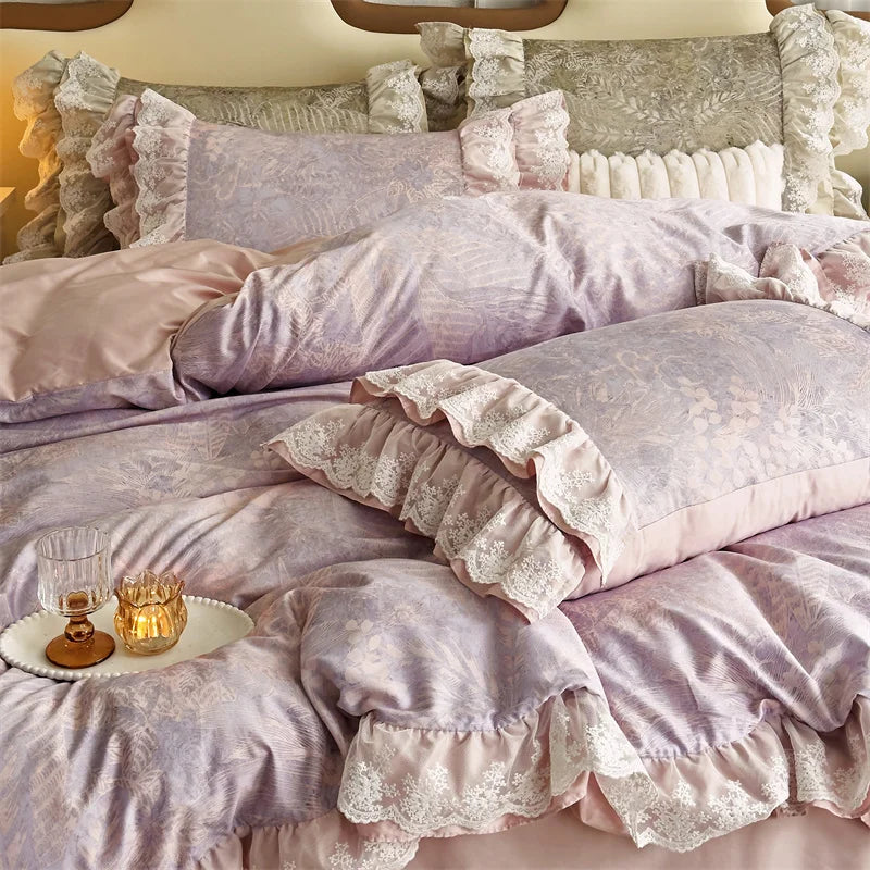 Afralia™ Purple Vintage Lace Ruffles Bedding Set with Egyptian Cotton Duvet Cover