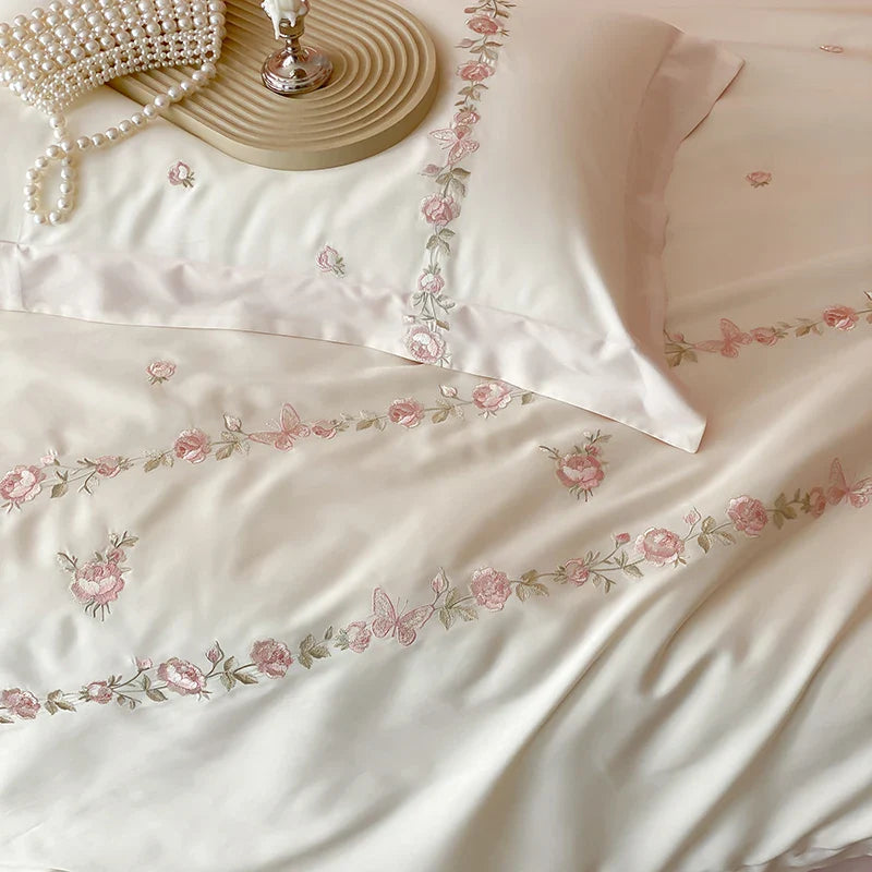 Afralia™ Rose Flowers Embroidery Bedding Set - Soft Lyocell Cotton, Silky Duvet Cover, Sheet, Pillowcases
