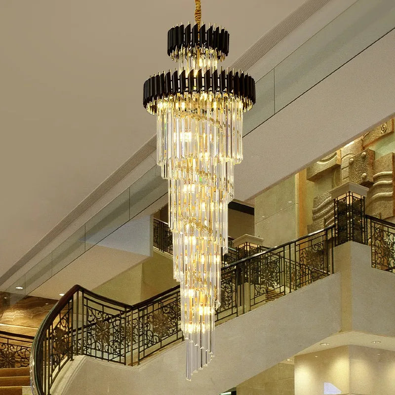 Afralia™ Gold Black Crystal Chandelier Staircase Lights 3m Long Luxury Villa Lighting
