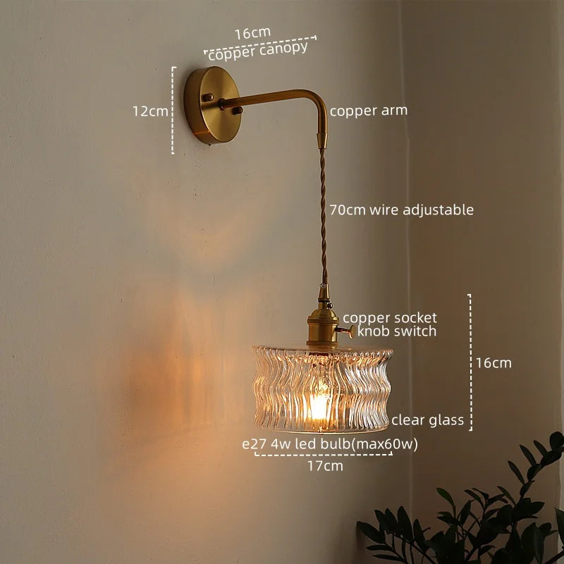 Afralia™ Copper Glass LED Wall Lights Vintage Style Bedside Lamp