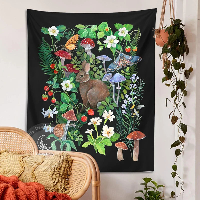 Afralia™ Rabbit Strawberry Garden Tapestry: Psychedelic Mushroom Flower Boho Wall Art