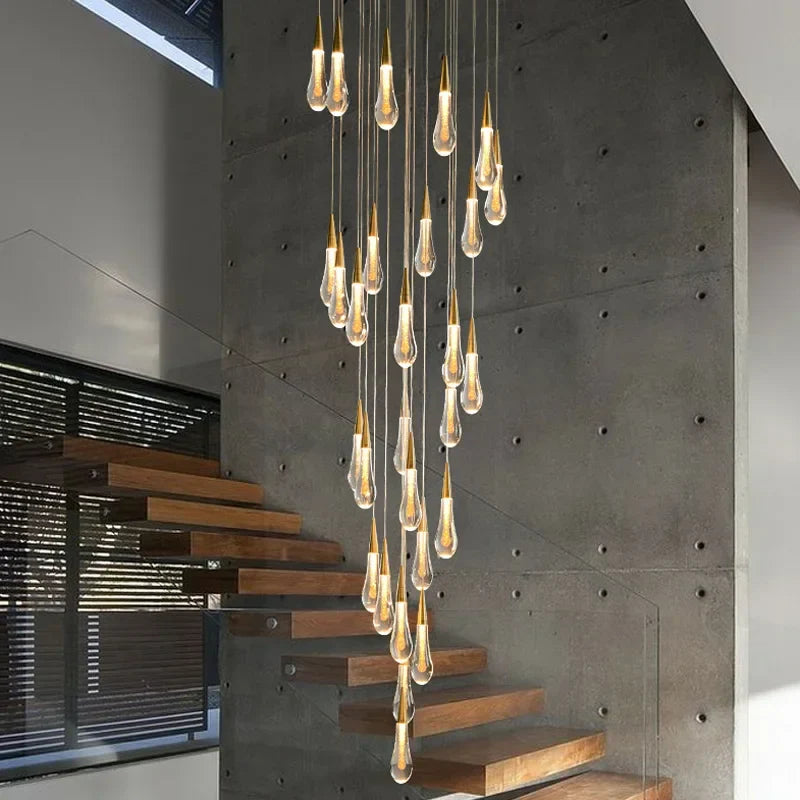 Afralia™ Gold Drop Design LED Crystal Chandelier for Staircase & Lobby