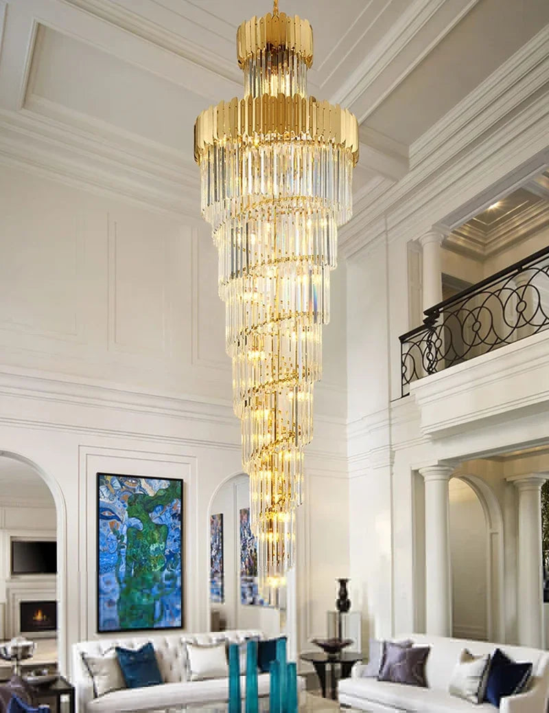 Afralia™ Golden Luxury Hotel Lobby Crystal Chandelier for Multi-Story Staircase Lighting