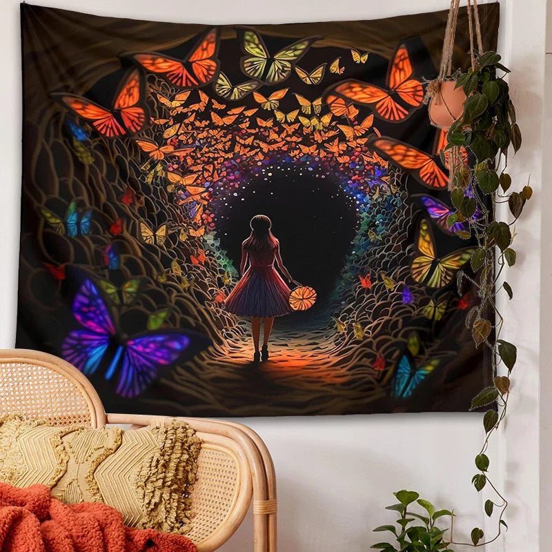 Afralia™ Psychedelic Girl Tapestry Wall Hanging Butterfly Cave Boho Colorful Decor