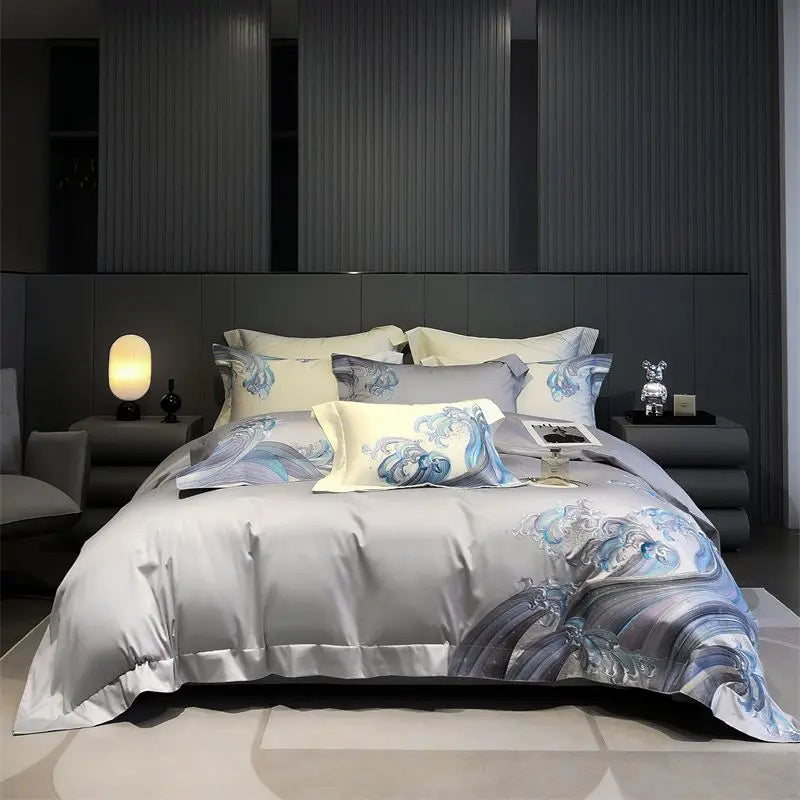 Afralia™ Blue Tides Waves Embroidery 1200TC Luxury Bedding Set with Duvet Cover, Sheet, Pillowcases