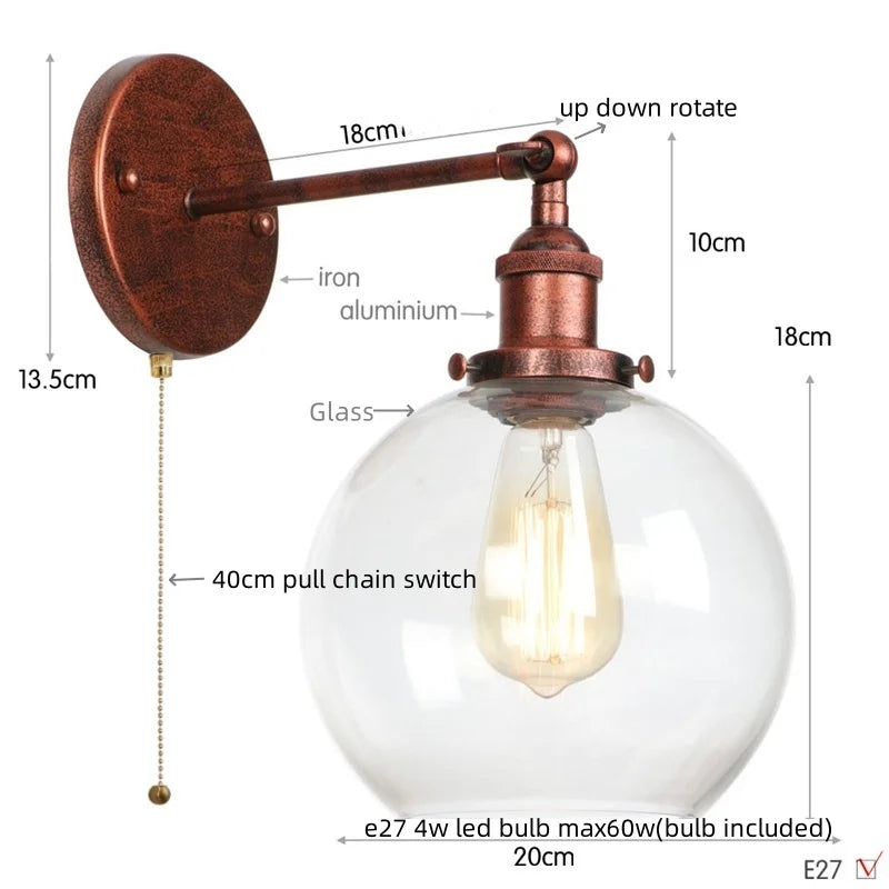 Afralia™ Vintage Glass LED Wall Sconce Iron Pull Chain Switch Light