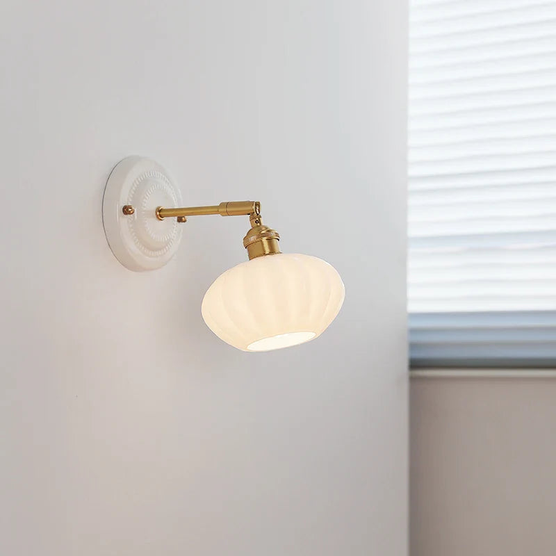 Afralia™ White Glass LED Wall Lights Fixtures Up And Down Ceramic Canopy Copper Arm Socket