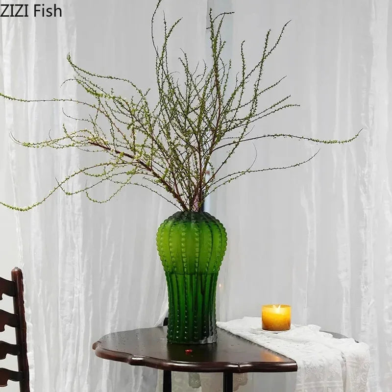 Afralia™ Cactus Frosted Glass Vase Table Decoration Artificial Flower Arrangement