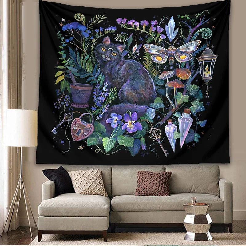 Boho Garden Tapestry Moon Moth Psychedelic Botanical Wall Hanging by Afralia™.