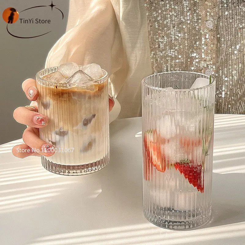 Afralia™ Striped Glass Coffee Cups Set - Transparent Drinkware for Coffee, Tea, Wine, and More