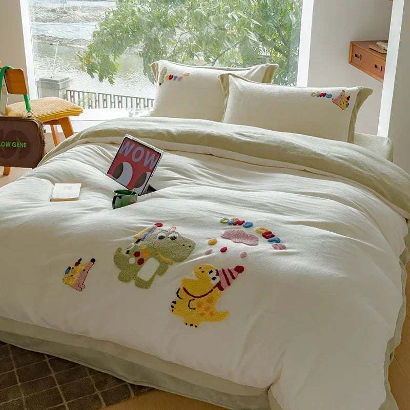 Afralia™ Embroidered Fleece Winter Bedding Set: Duvet Cover, Sheet, Quilt, Pillowcases