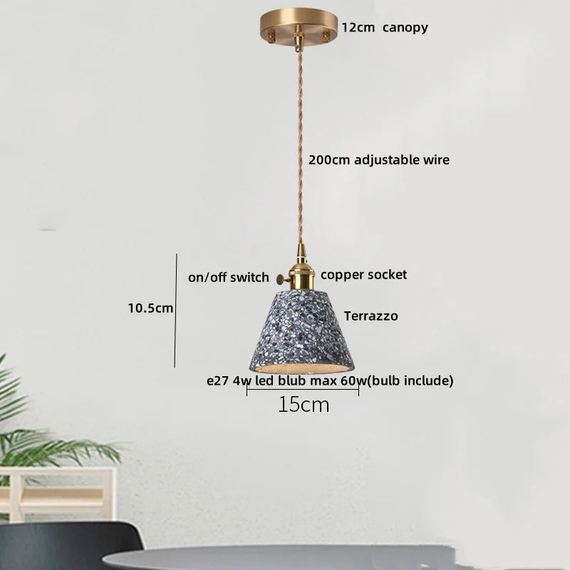 Afralia™ LED Terrazzo Pendant Lamp White Stone Wood Hanging Light