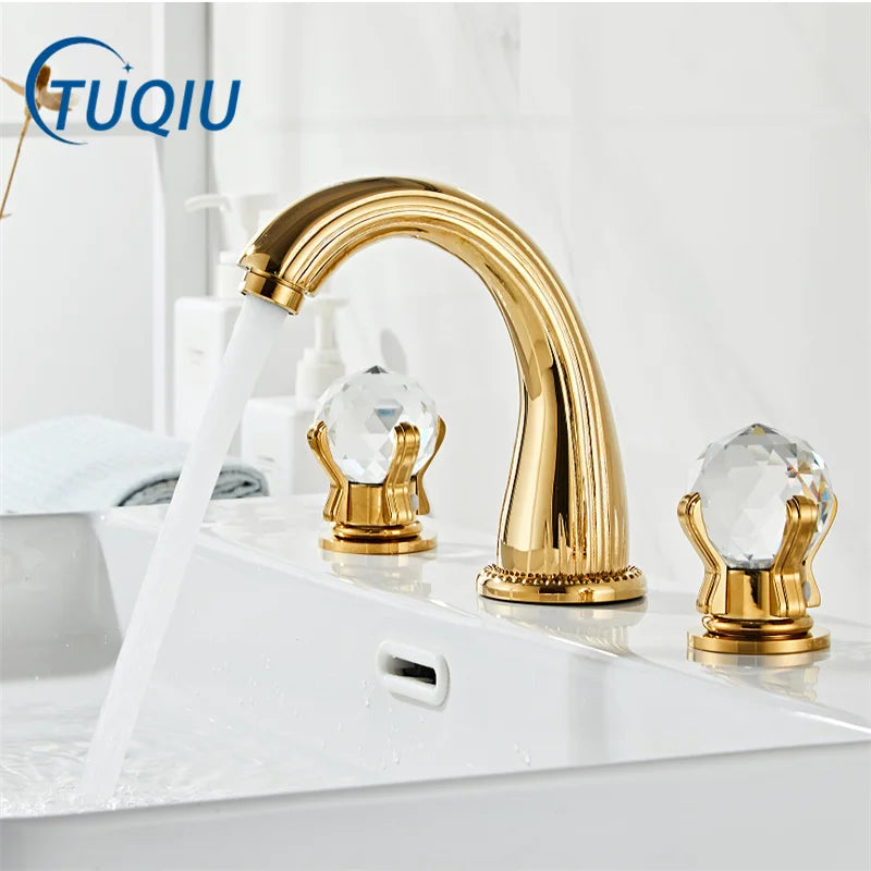 Afralia™ Gold Crystal Handle Basin Faucet, 3 Hole Widespread Bathroom Sink Tap