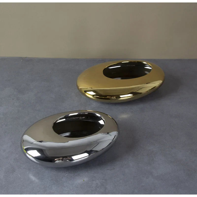 Afralia Silver Cobblestone Ceramic Vase Geometric Oval Flower Pot Home Decor