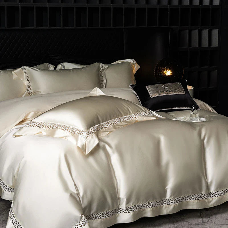 Afralia™ Brocade Lace Edge Egyptian Cotton Bedding Set - 4Pcs
