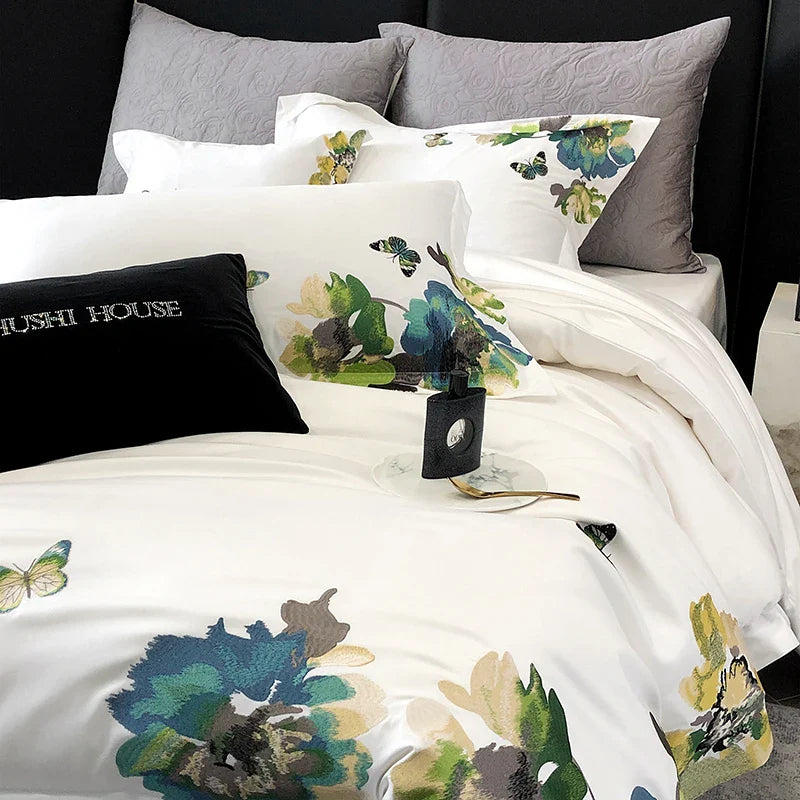 Afralia™ Luxury Egyptian Cotton Bedding Set, Flowers Embroidery, 1000TC