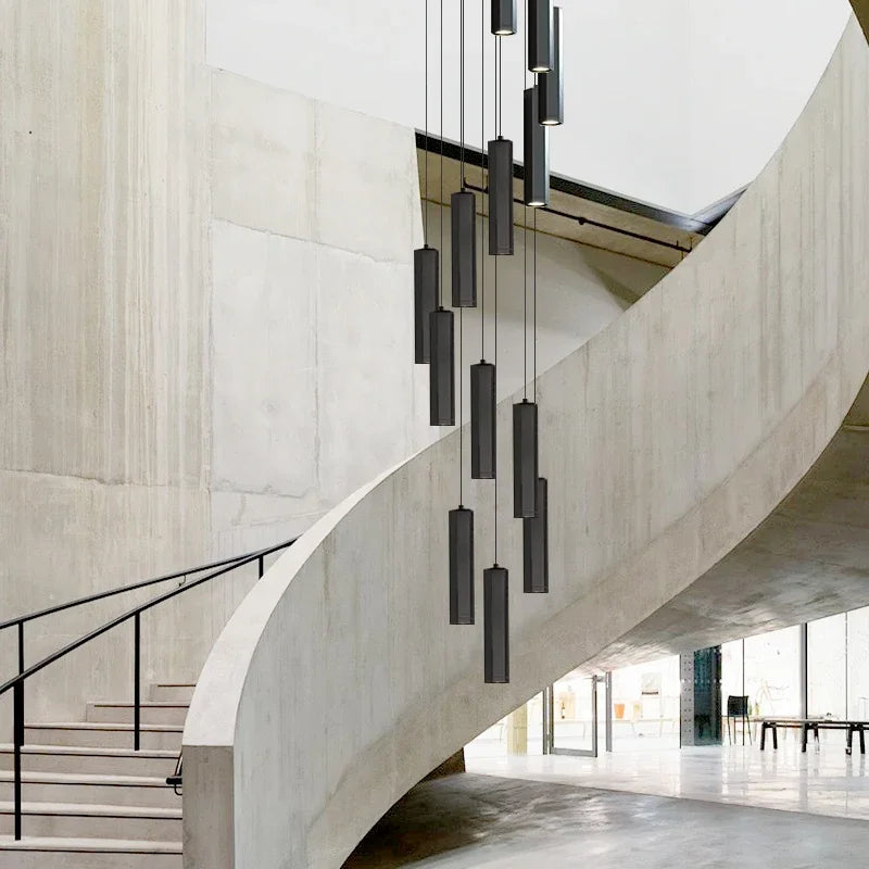 Afralia™ Black LED Staircase Chandelier | Modern High Ceiling Pendant Light