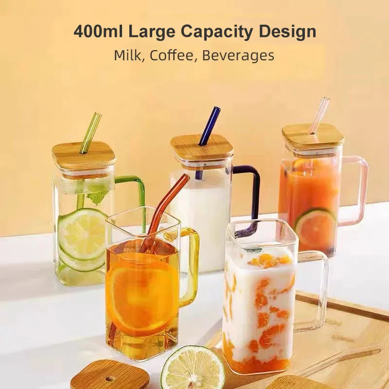 Afralia™ 400ml Square Glass Mug with Lid and Straw | Versatile Party Beverage Cup