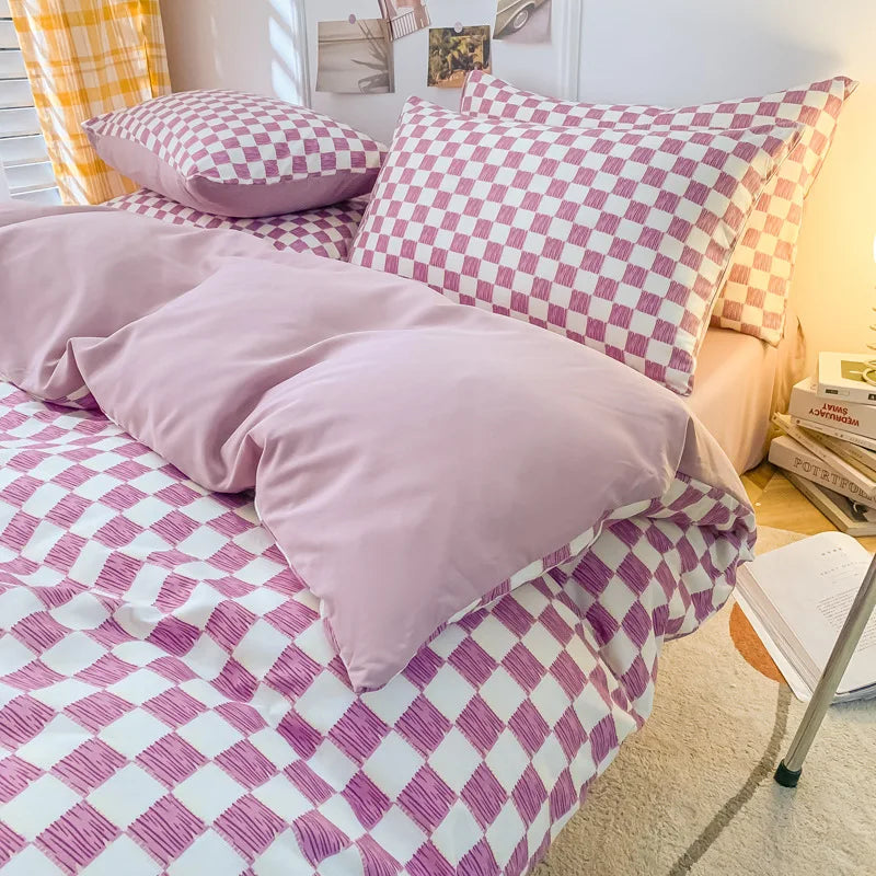 Afralia™ Nordic Checkerboard Pattern Washed Cotton Bedding Set for All-Season Comfort