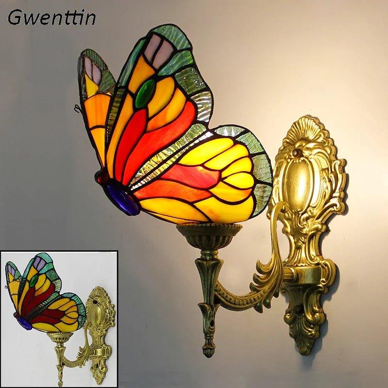 Afralia™ Butterfly Stained Glass Wall Sconces for Home Living Room Bedroom Lighting