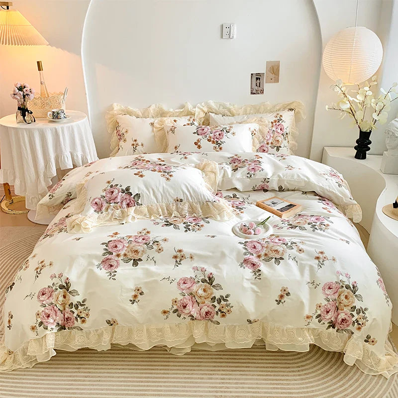 Afralia™ Vintage Rose Floral Double Layer Lace Ruffles 100% Cotton Bedding Set