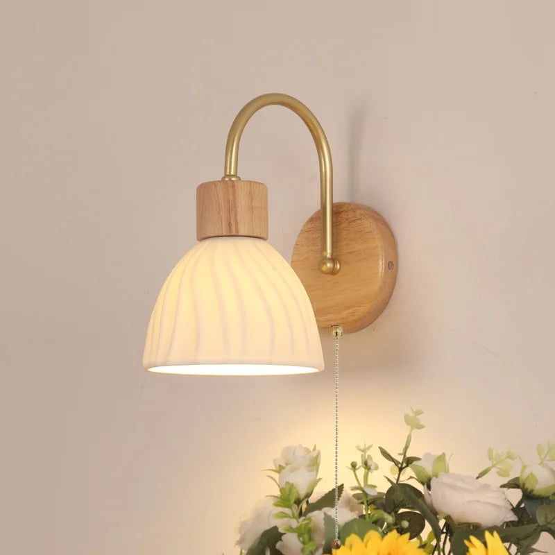 Afralia™ Nordic LED Wall Sconce Pull Chain Switch Wood Canopy Ceramic Bedside Lamp