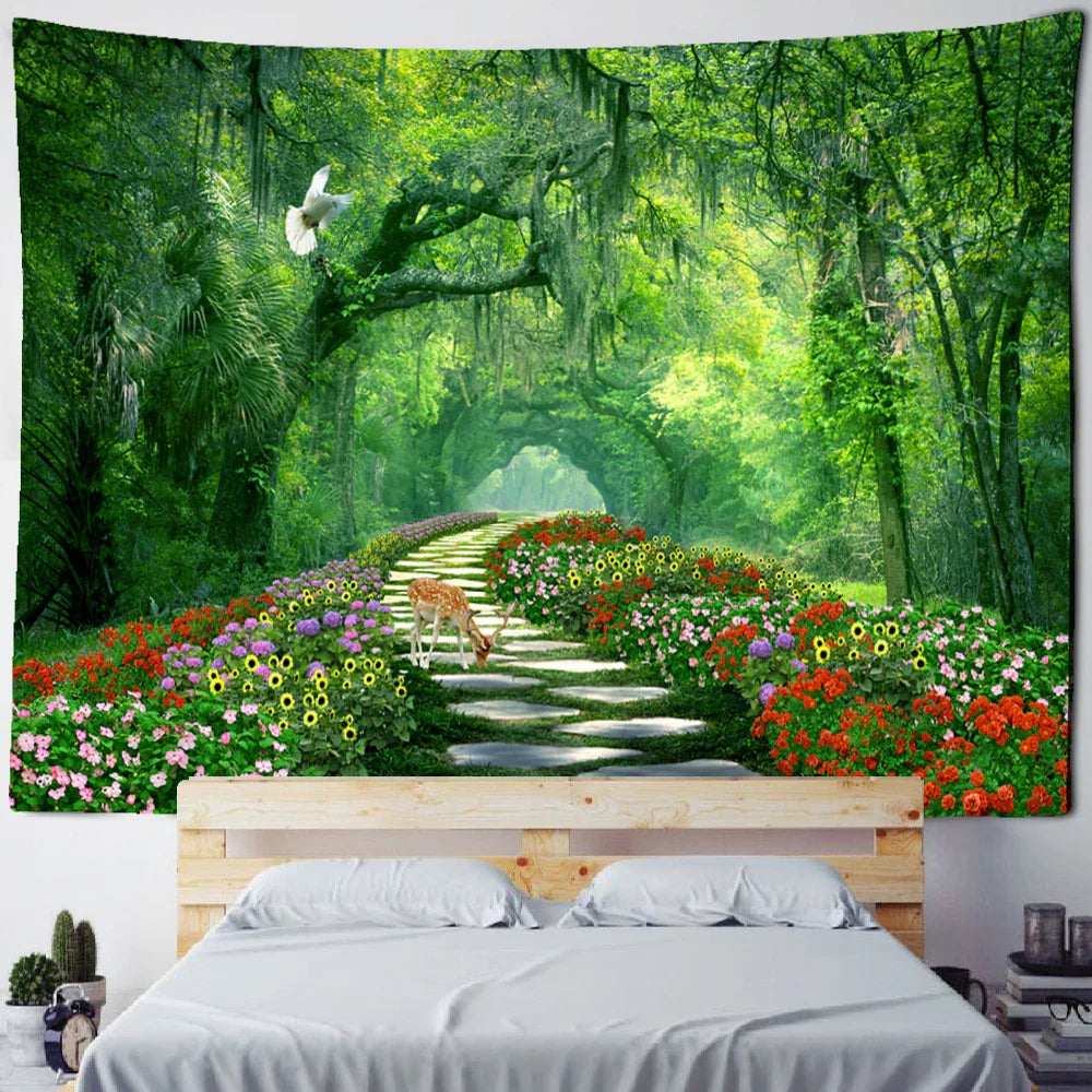 Afralia™ Bamboo Forest Pigeon Path Tapestry: Hippie Psychedelic Wall Hanging for Natural Home Decor
