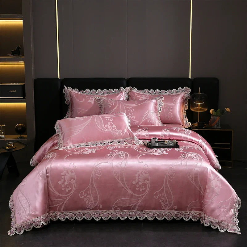 Afralia™ Golden Jacquard Cotton Lace Bedding Set - Silky Soft Duvet Cover, Flat Sheet, Pillowcase