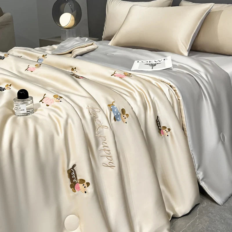 Afralia™ Washed Silk Embroidered Quilt Set Queen, Cooling Summer Blanket