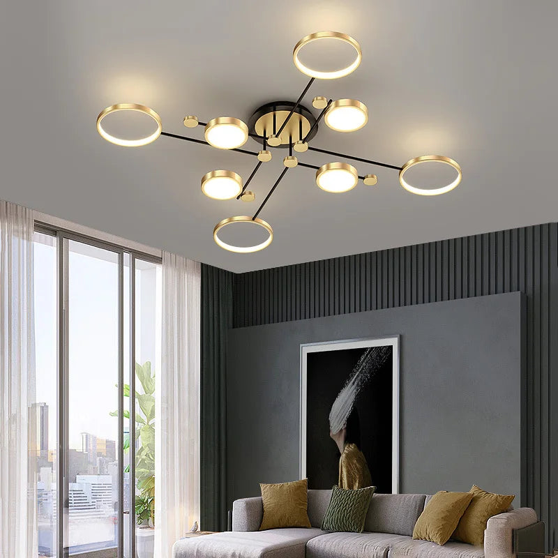 Afralia™ Modern LED Chandelier Gold Black Ceiling Light Dimmable Remote Control Nordic Style