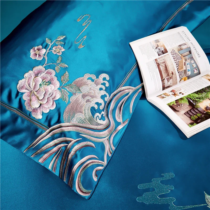 Afralia™ Peony Flowers Embroidery Bedding Set - Luxury Chinese Style - Duvet Cover & Sheets
