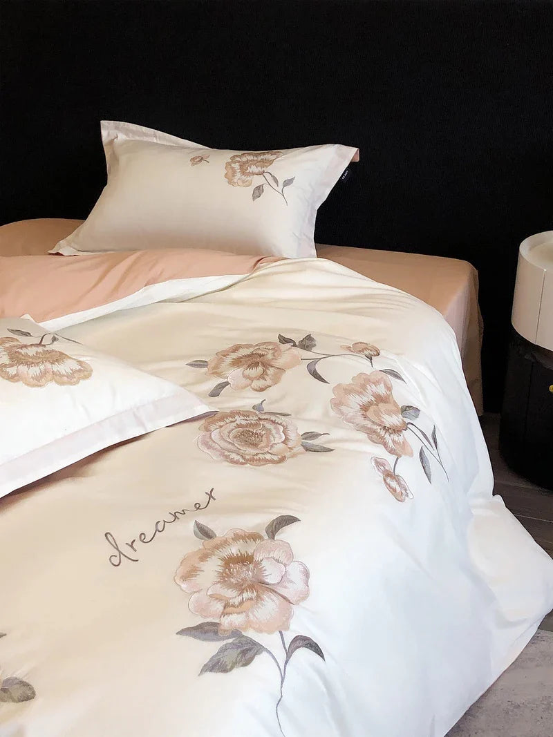 Afralia™ Flowers Embroidery Cotton Bedding Set Duvet Cover Flat Sheet Pillowcases 4Pcs