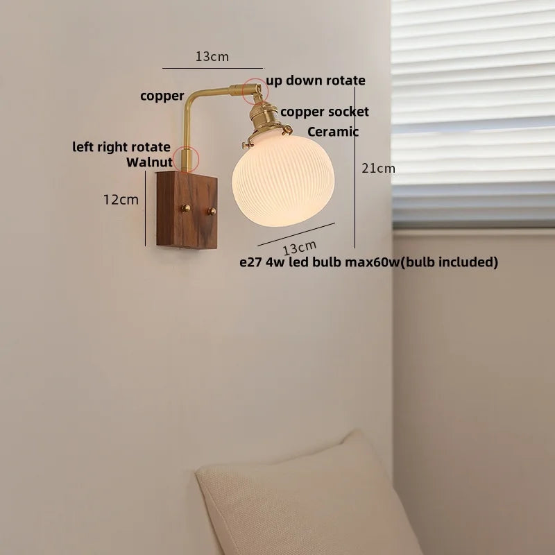 Afralia™ Globe Ceramic Walnut Wood Wall Light with Pull Chain Switch and Rotatable Design