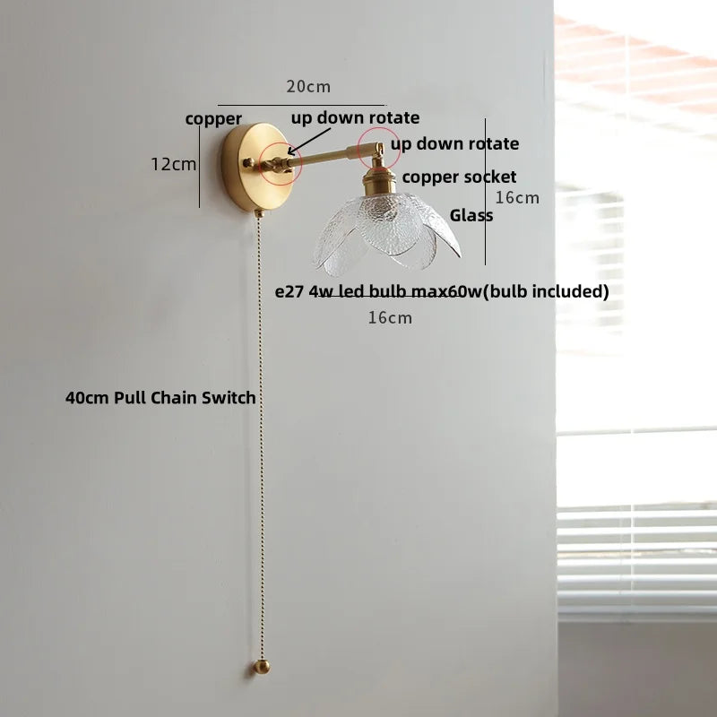 Afralia™ Green Loft LED Wall Light: Vintage Bedside Lamp, Up Down Rotate Glass, Pull Chain Switch