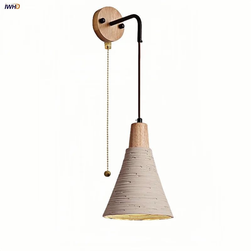 Afralia™ LED Cement Wall Light with Pull Chain & Wood Socket - Nordic Modern Sconce