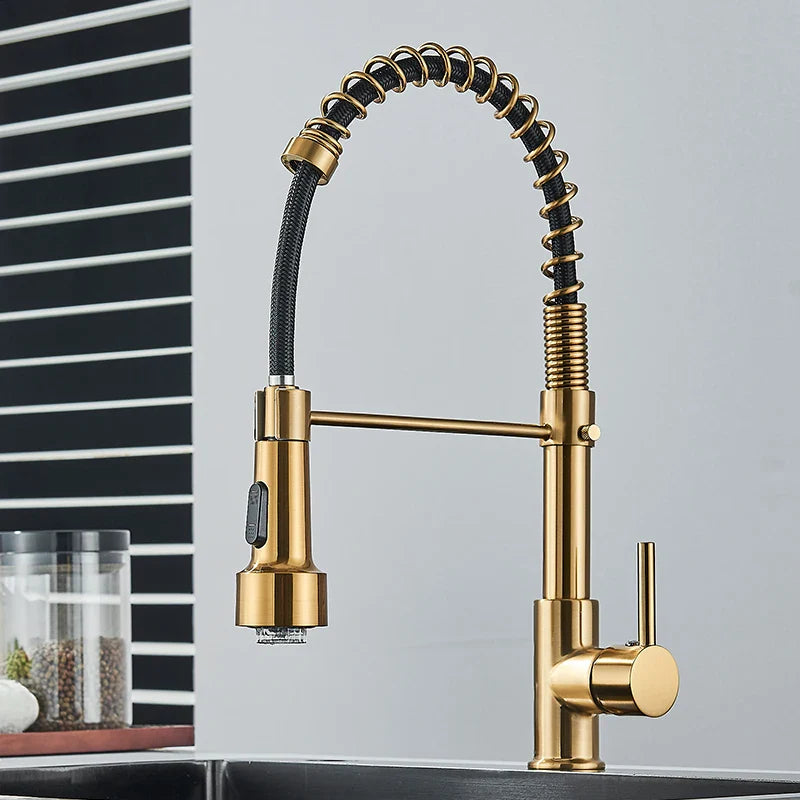 Afralia™ Brushed Gold LED Kitchen Faucet: Single Handle Pull-down Spring Sink Tap