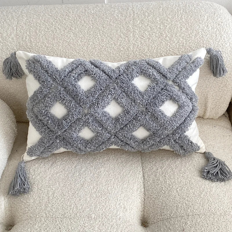 Geometric Tufted Cotton Canvas Pillowcase with Tassels by Afralia™