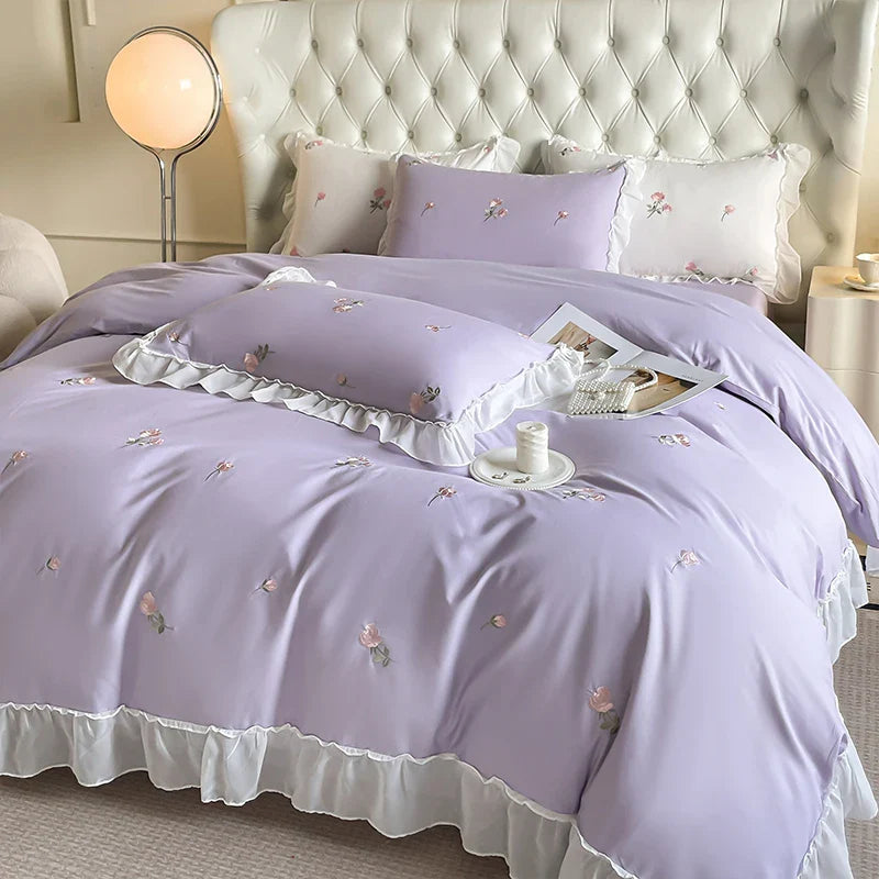 Afralia™ Rose Flowers Embroidery Lace Ruffles White Bedding Set - 100% Cotton Duvet Cover, Bed Sheet, Pillowcase