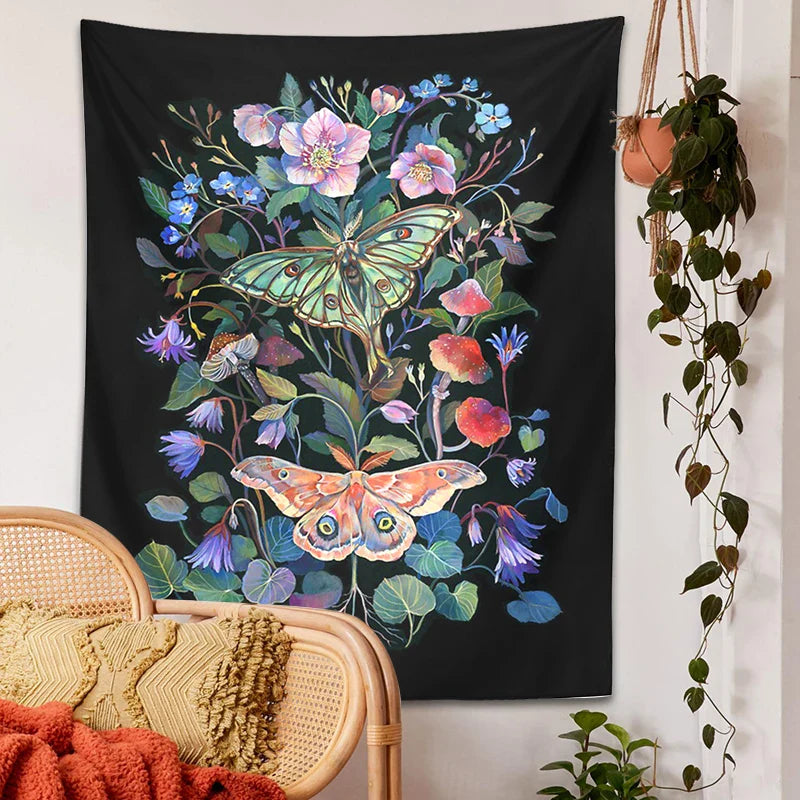 Moon Moth Tapestry Wall Hanging by Afralia™ - Floral Mushroom Witchcraft Wildflowers Dream Decor