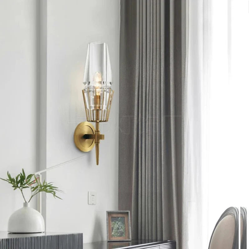 Afralia™ Dimmable Crystal Glass Brass Wall Light for Bedroom and Bath