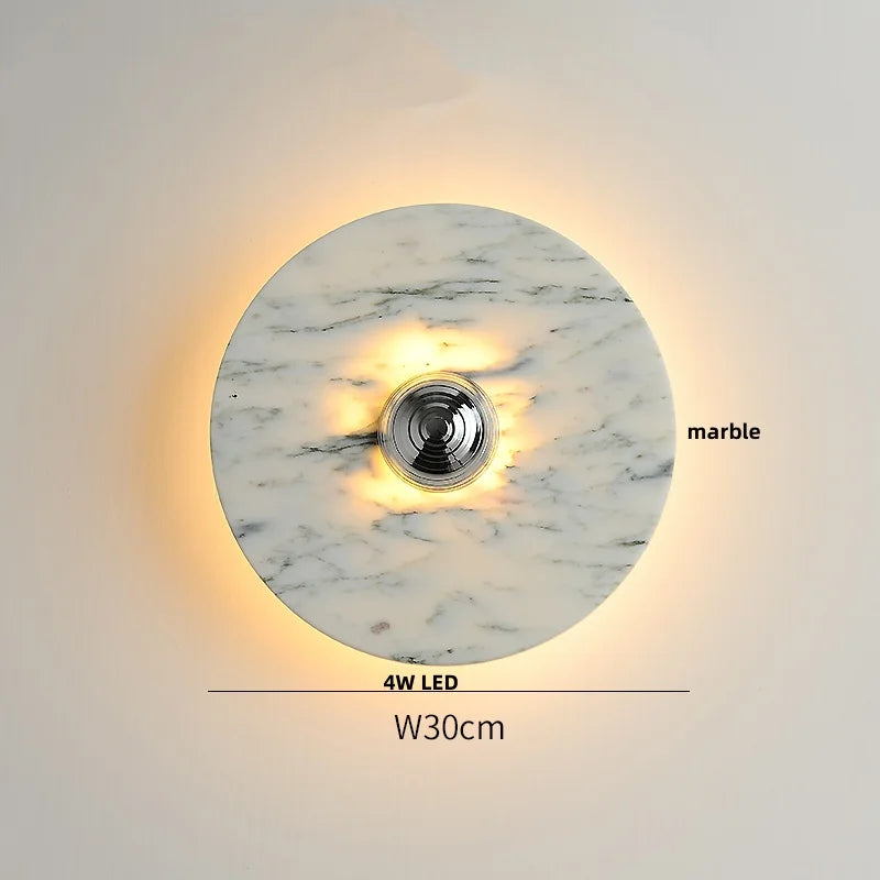 Afralia™ Round Black Iron LED Wall Lamp Bulgari Marble White Glass Stair Light