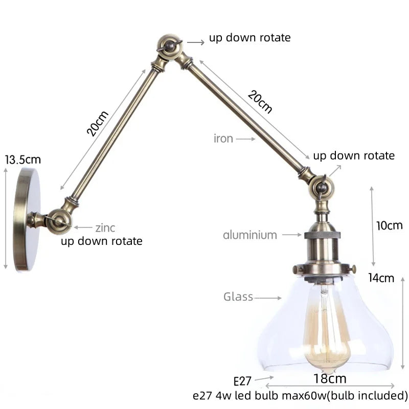 Afralia™ Vintage Industrial LED Wall Light with Clear Glass Shade & Adjustable Long Arm